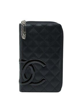 Chanel Cambon Line CC Logo Zip Around Wallet Black Leather Enamel